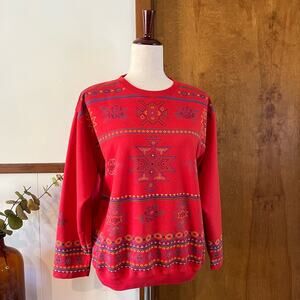 BLAST  80s Vintage Southwestern‎ Rose Tribal Print Lightweight Top Red Women's M